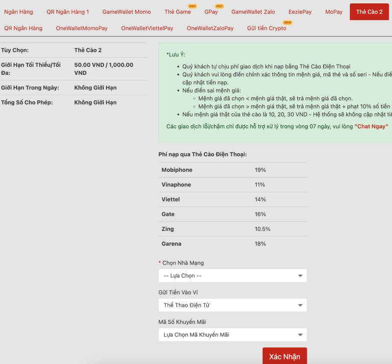 Nạp tiền bằng thẻ game (Zing, Garena, Gate, Vcoin, Thẻ cào điện thoại)