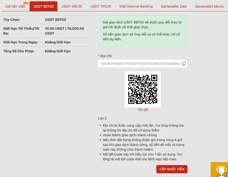 Nạp tiền bằng tiền điện tử (Crypto – USDT BEP20, ERC20, TRC20)