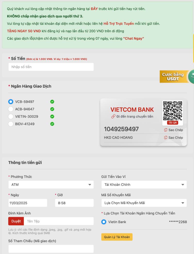 Nạp tiền qua ngân hàng nội địa (ATM/Internet Banking)